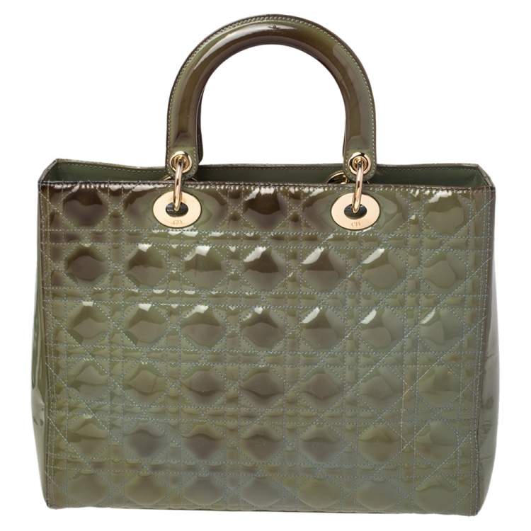 Pre Owned Dior Green Cannage Patent Leather Large Lady Dior Tote