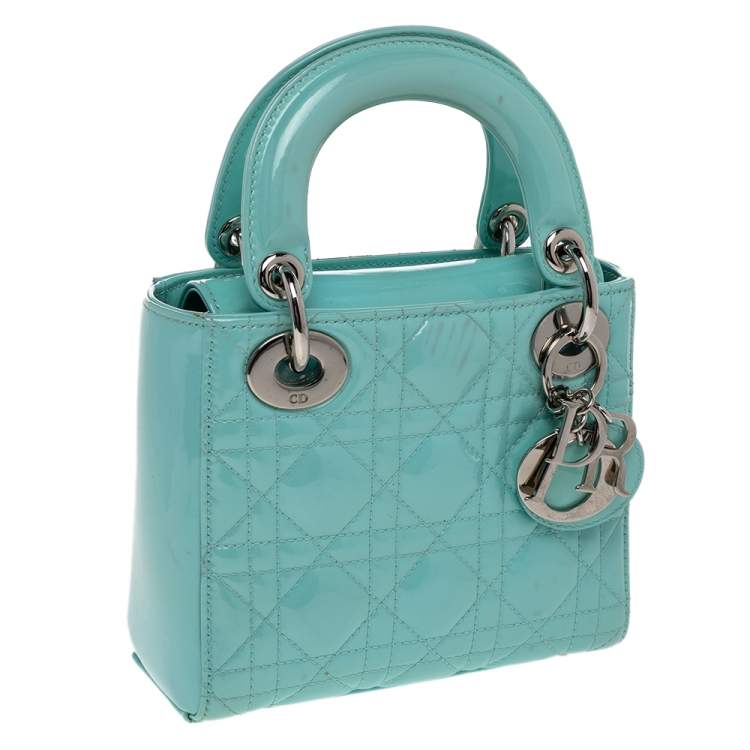 Pre Owned Dior Aqua Blue Cannage Patent Leather Mini Chain Lady Dior Tote