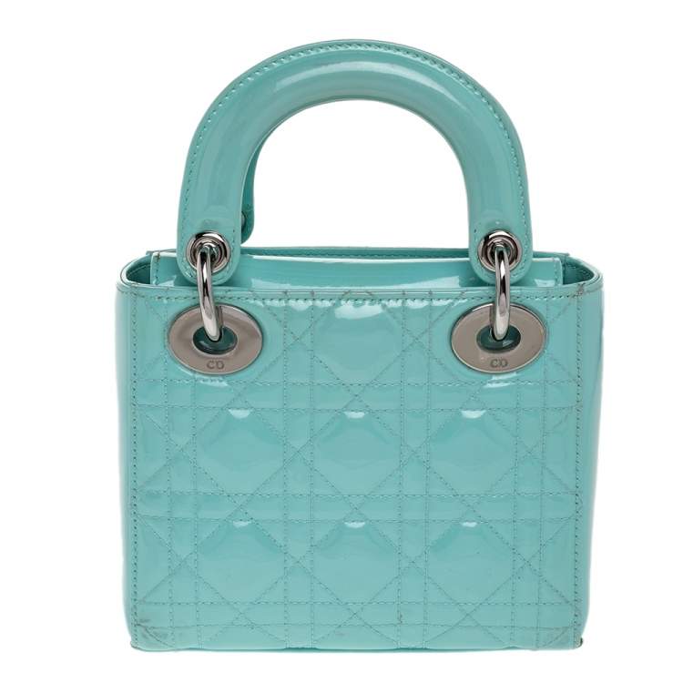 Pre Owned Dior Aqua Blue Cannage Patent Leather Mini Chain Lady Dior Tote