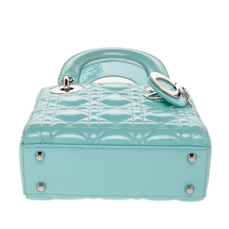 Pre Owned Dior Aqua Blue Cannage Patent Leather Mini Chain Lady Dior Tote