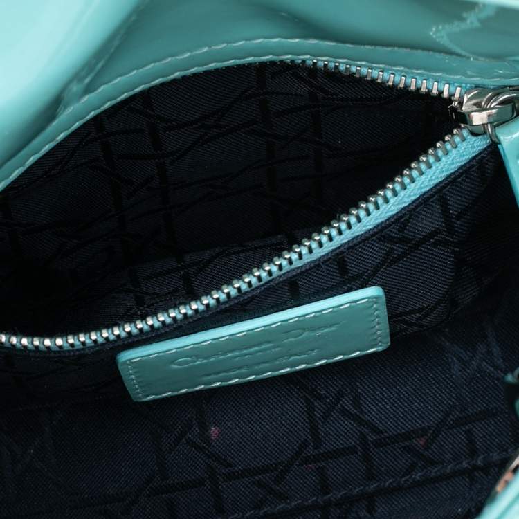 Pre Owned Dior Aqua Blue Cannage Patent Leather Mini Chain Lady Dior Tote