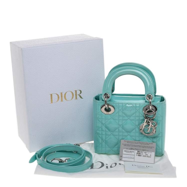 Pre Owned Dior Aqua Blue Cannage Patent Leather Mini Chain Lady Dior Tote