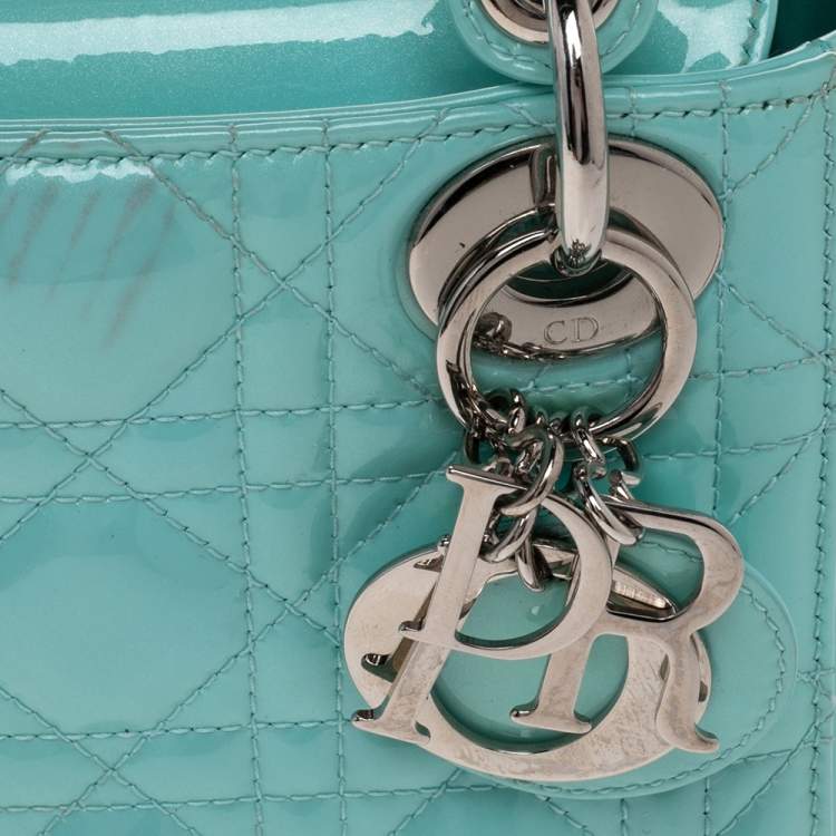 Pre Owned Dior Aqua Blue Cannage Patent Leather Mini Chain Lady Dior Tote