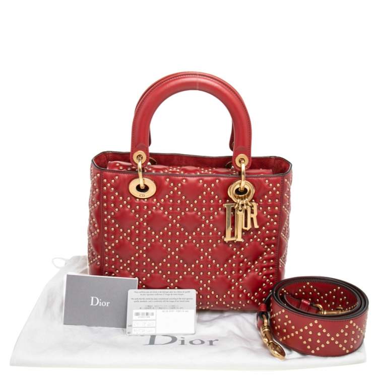 Pre Owned Dior Dark Red Leather Medium Studded Supple Lady Dior Tote