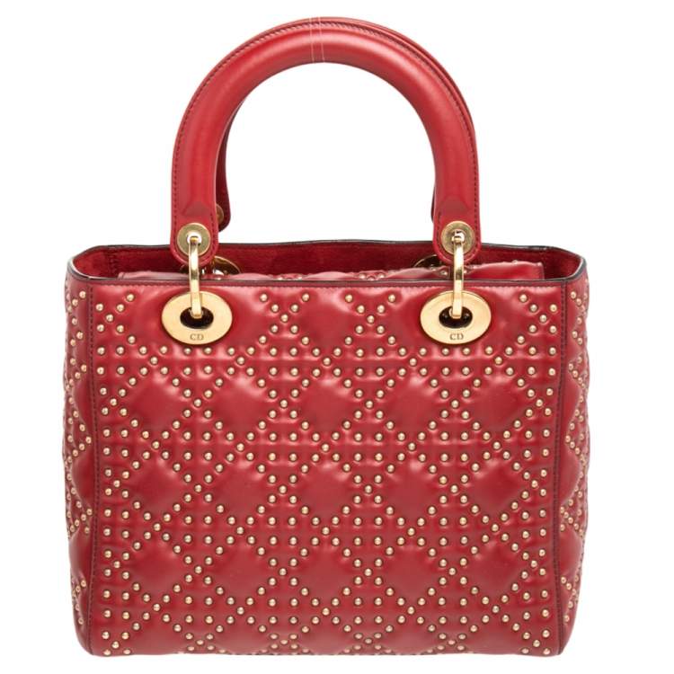 Pre Owned Dior Dark Red Leather Medium Studded Supple Lady Dior Tote