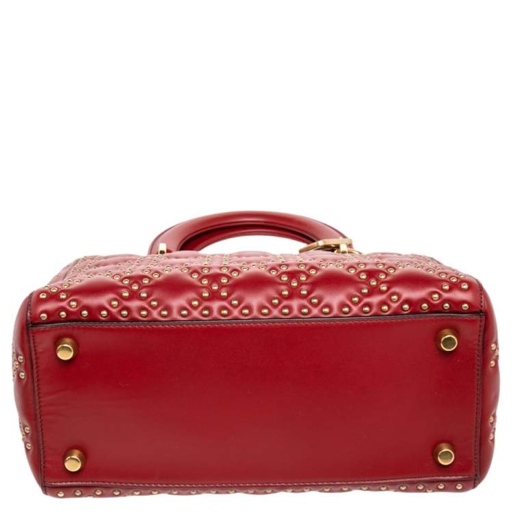 Pre Owned Dior Dark Red Leather Medium Studded Supple Lady Dior Tote