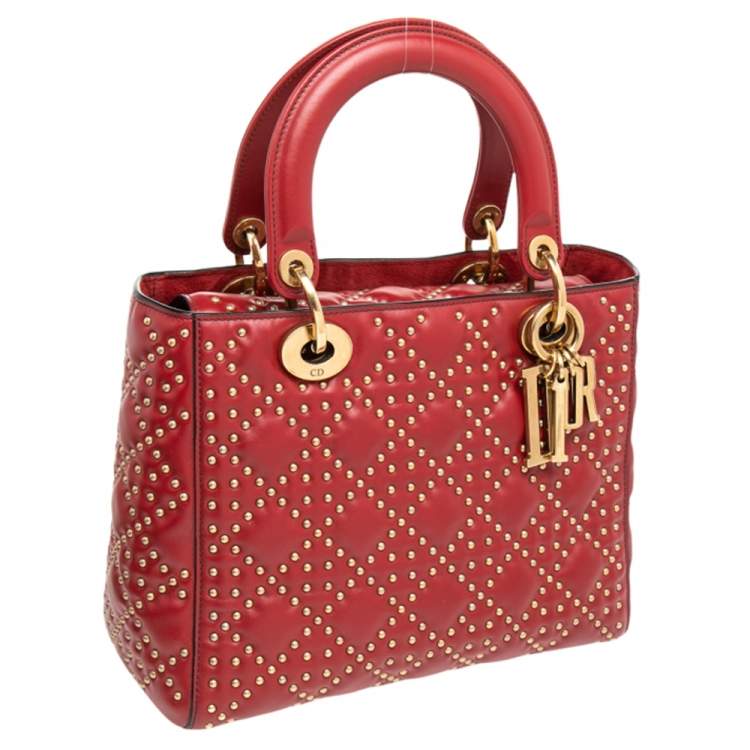 Pre Owned Dior Dark Red Leather Medium Studded Supple Lady Dior Tote