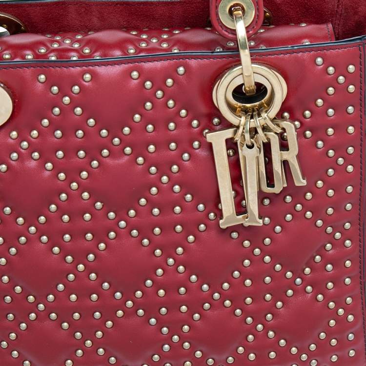 Pre Owned Dior Dark Red Leather Medium Studded Supple Lady Dior Tote
