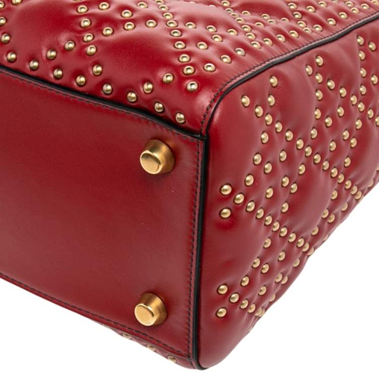 Pre Owned Dior Dark Red Leather Medium Studded Supple Lady Dior Tote