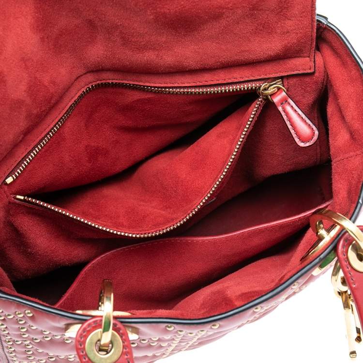 Pre Owned Dior Dark Red Leather Medium Studded Supple Lady Dior Tote