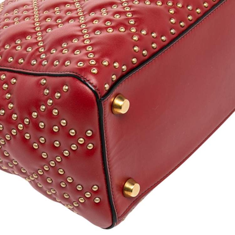 Pre Owned Dior Dark Red Leather Medium Studded Supple Lady Dior Tote