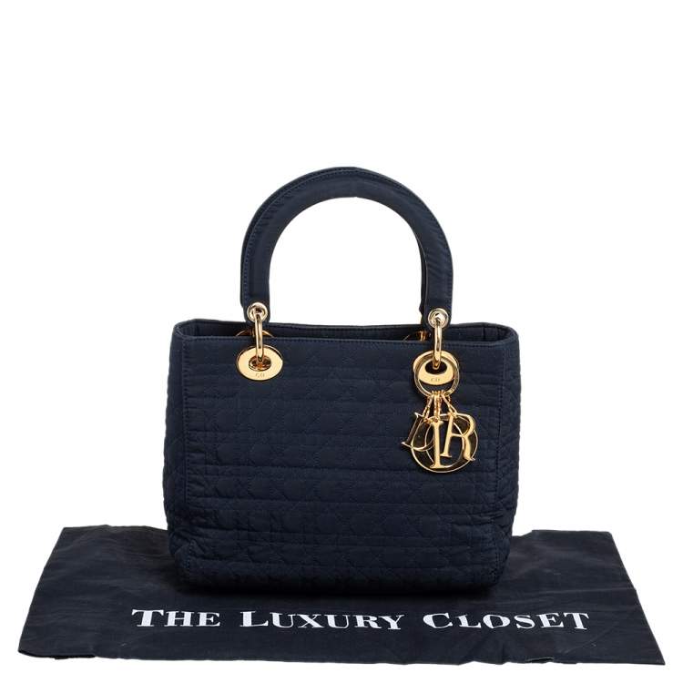 Pre Owned Dior Navy Blue Satin Medium Lady Dior Tote