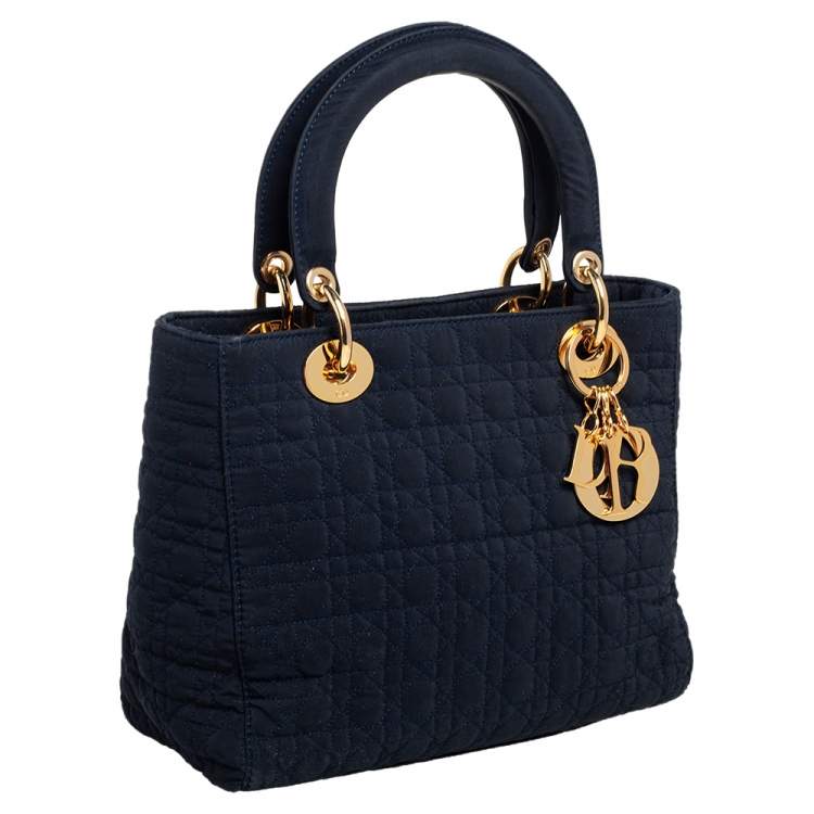 Pre Owned Dior Navy Blue Satin Medium Lady Dior Tote