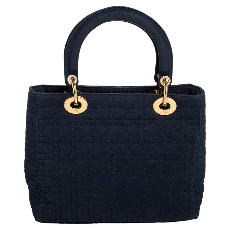 Pre Owned Dior Navy Blue Satin Medium Lady Dior Tote