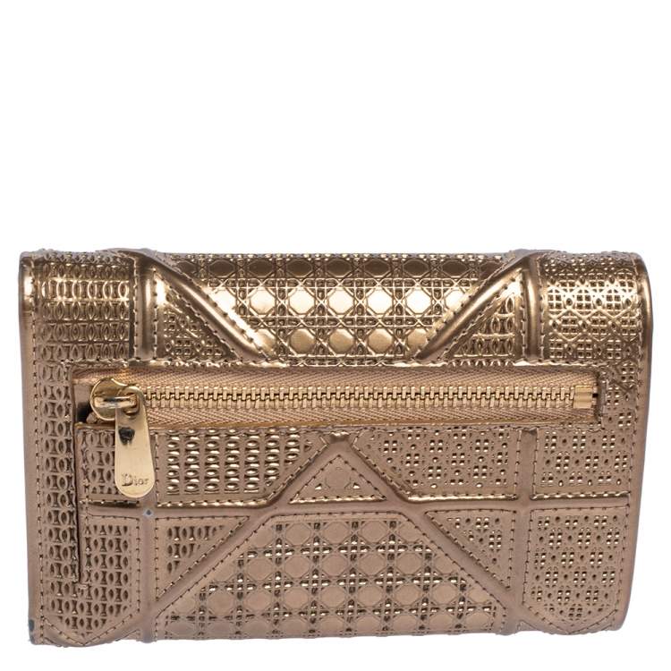 Pre Owned Dior Metallic Gold Micro Cannage Leather Diorama Trifold Wallet