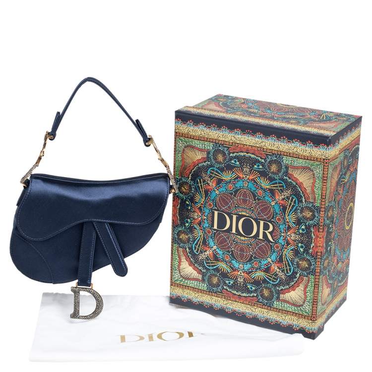 Pre Owned Dior Blue Satin Crystal Embellished Logo Mini Saddle Bag
