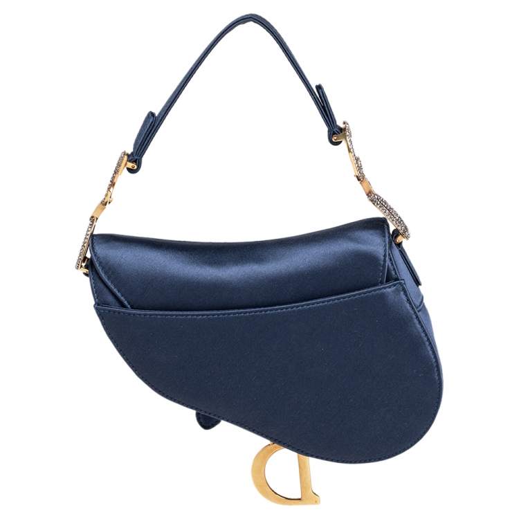 Pre Owned Dior Blue Satin Crystal Embellished Logo Mini Saddle Bag