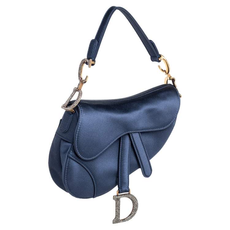 Pre Owned Dior Blue Satin Crystal Embellished Logo Mini Saddle Bag