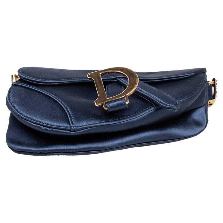 Pre Owned Dior Blue Satin Crystal Embellished Logo Mini Saddle Bag