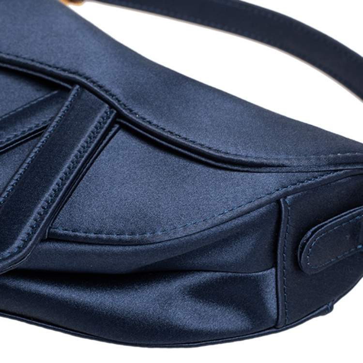 Pre Owned Dior Blue Satin Crystal Embellished Logo Mini Saddle Bag
