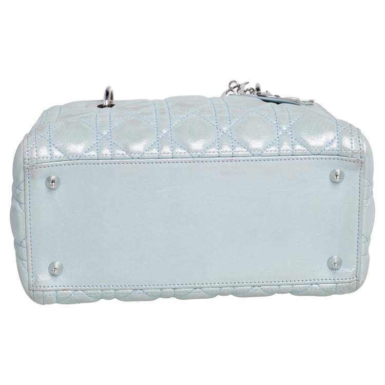 Pre Owned Dior Light Blue Cannage Shimmery Leather Medium Lady Dior Tote