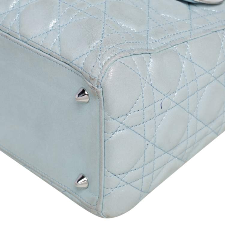 Pre Owned Dior Light Blue Cannage Shimmery Leather Medium Lady Dior Tote