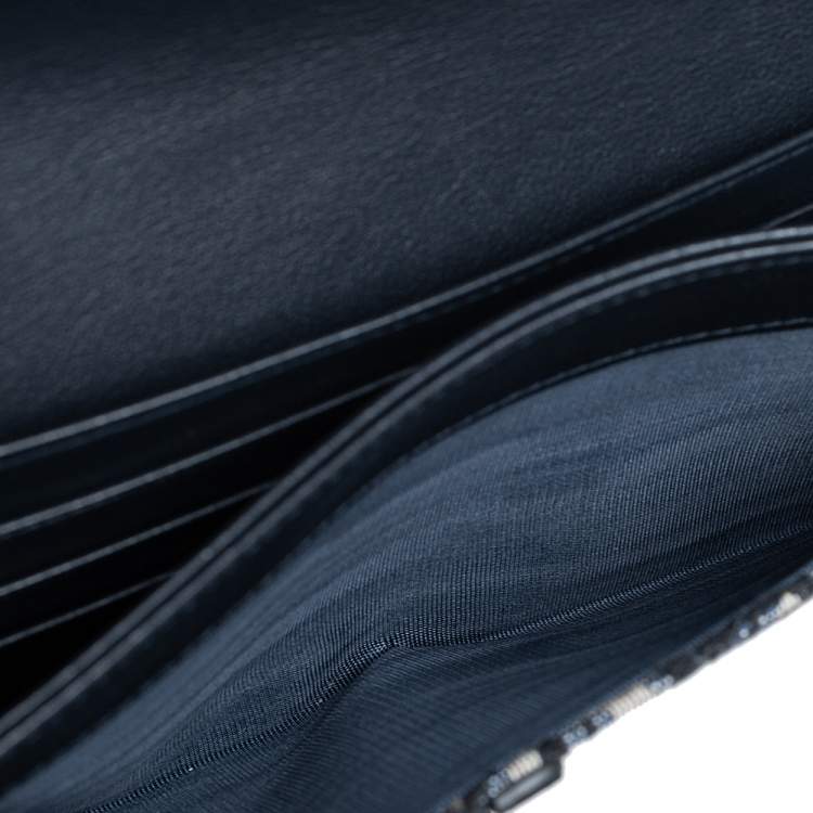 Pre Owned Dior Navy Blue Oblique Canvas and Leather Saddle Wallet On Chain