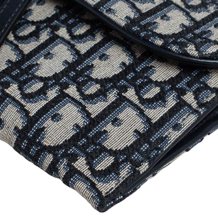 Pre Owned Dior Navy Blue Oblique Canvas and Leather Saddle Wallet On Chain