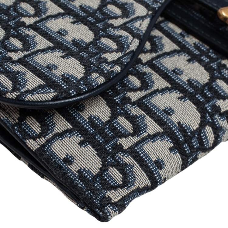 Pre Owned Dior Navy Blue Oblique Canvas and Leather Saddle Wallet On Chain