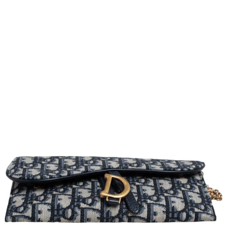 Pre Owned Dior Navy Blue Oblique Canvas and Leather Saddle Wallet On Chain