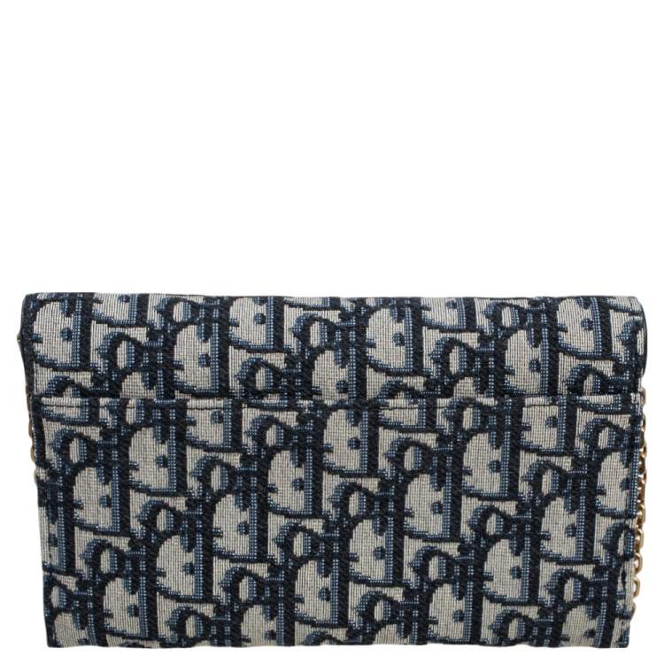 Pre Owned Dior Navy Blue Oblique Canvas and Leather Saddle Wallet On Chain