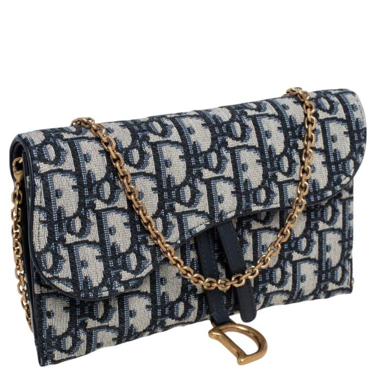 Pre Owned Dior Navy Blue Oblique Canvas and Leather Saddle Wallet On Chain