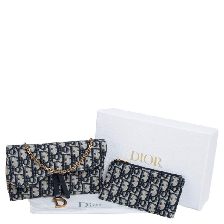 Pre Owned Dior Navy Blue Oblique Canvas and Leather Saddle Wallet On Chain