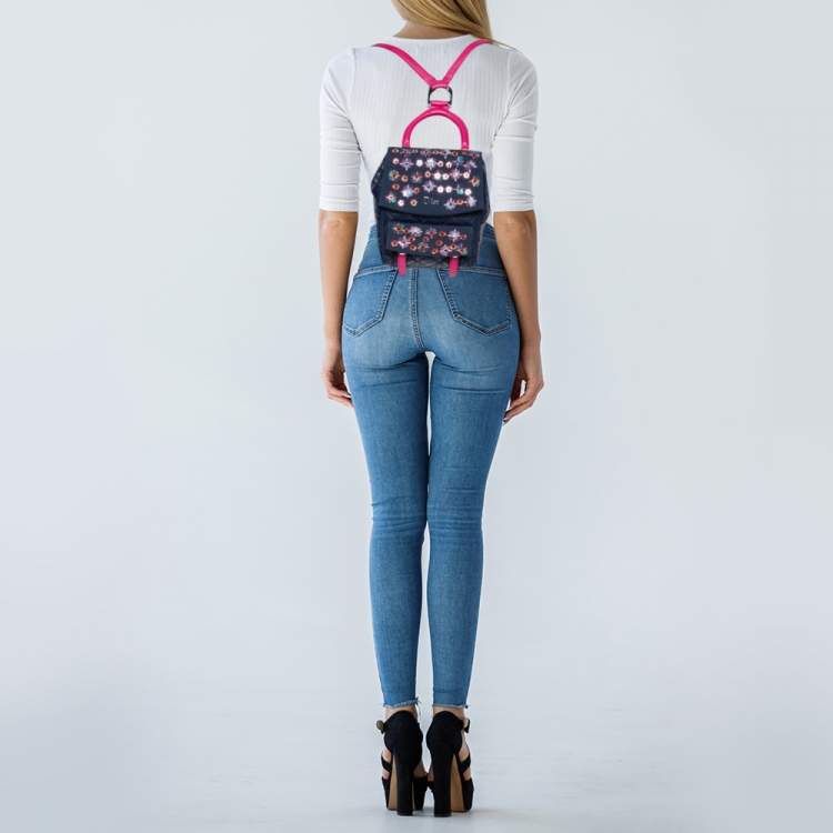 Pre Owned Dior Black/Navy Blue Leather and Mesh Stardust Embellished Backpack