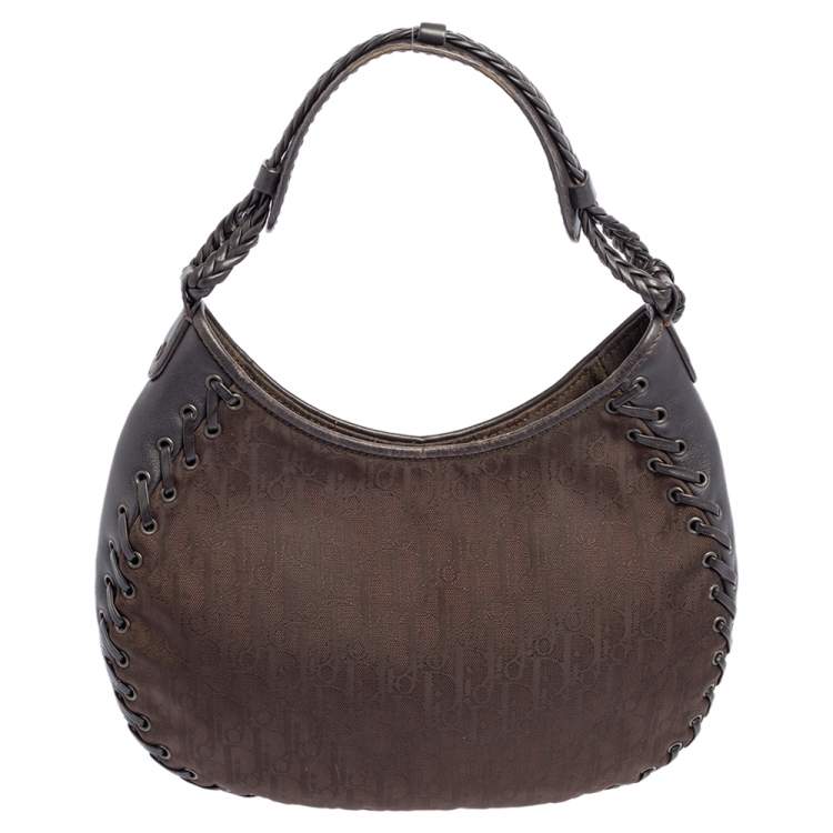Pre Owned Dior Dark Brown Oblique Nylon and Leather Ethnic Hobo