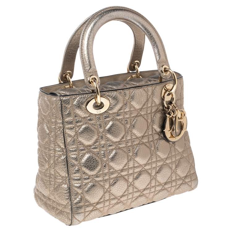 Pre Owned Dior Gold Cannage Leather Medium Lady Dior Tote