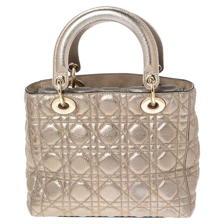 Pre Owned Dior Gold Cannage Leather Medium Lady Dior Tote
