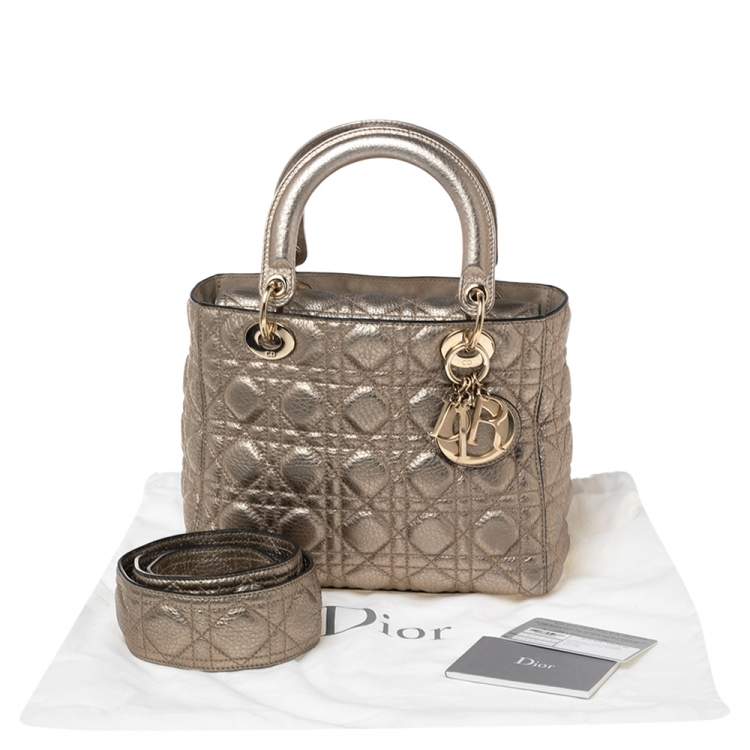 Pre Owned Dior Gold Cannage Leather Medium Lady Dior Tote
