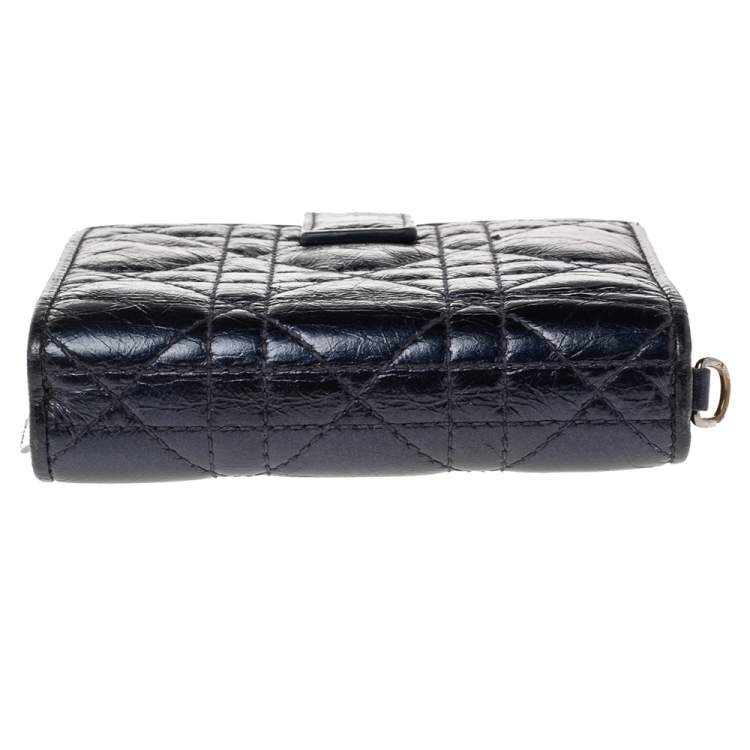Pre Owned Dior Metallic Midnight Blue Cannage Quilted Leather Compact French Wallet