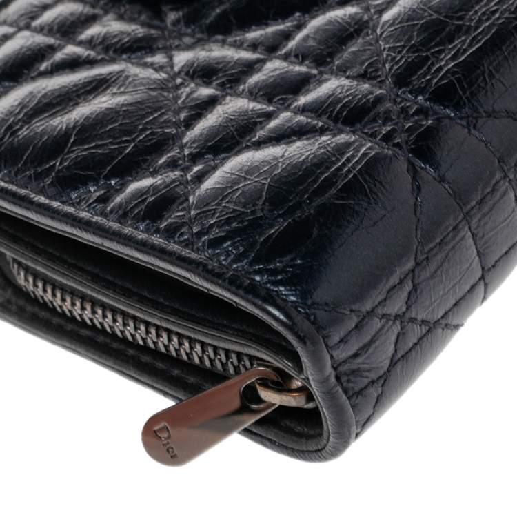 Pre Owned Dior Metallic Midnight Blue Cannage Quilted Leather Compact French Wallet