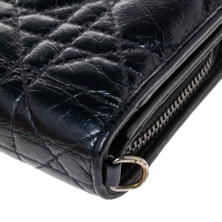 Pre Owned Dior Metallic Midnight Blue Cannage Quilted Leather Compact French Wallet