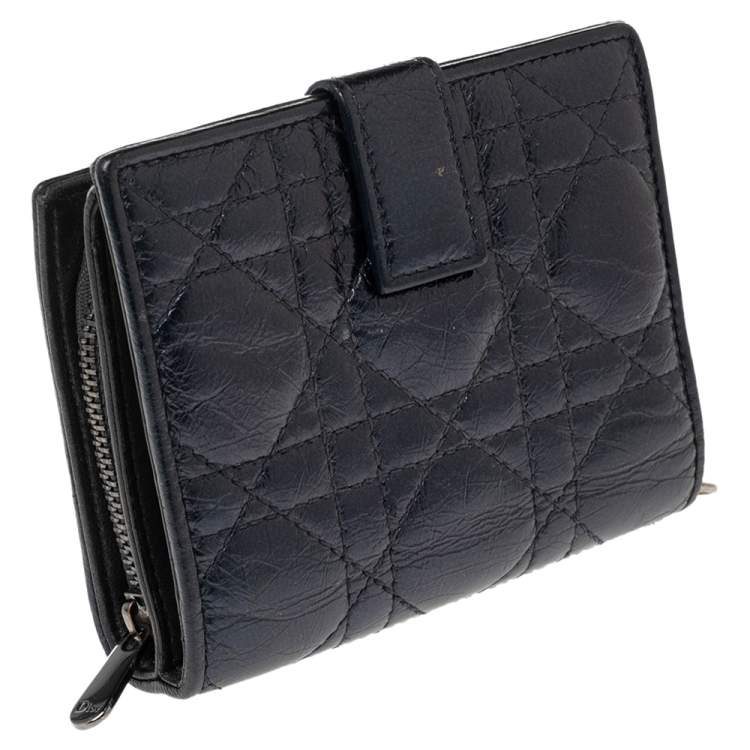 Pre Owned Dior Metallic Midnight Blue Cannage Quilted Leather Compact French Wallet
