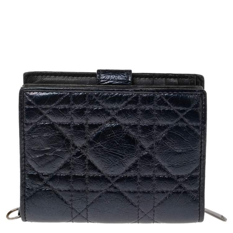 Pre Owned Dior Metallic Midnight Blue Cannage Quilted Leather Compact French Wallet