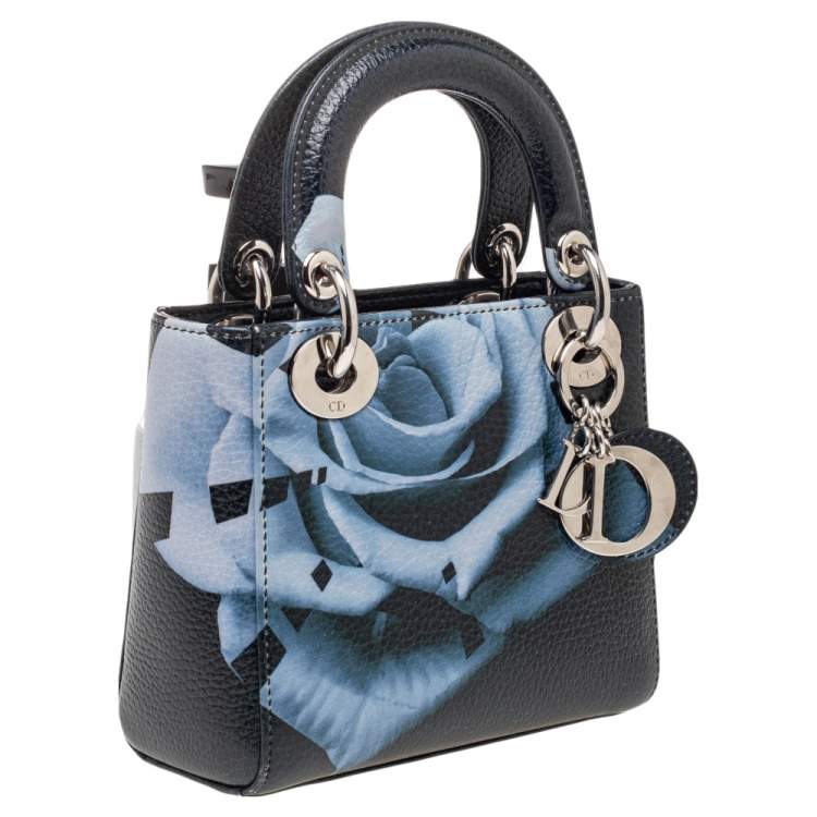 Pre Owned Dior Dark Blue Flower Print Leather Mini Lady Dior Tote