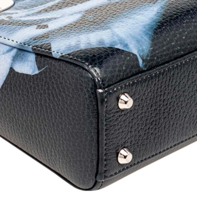 Pre Owned Dior Dark Blue Flower Print Leather Mini Lady Dior Tote