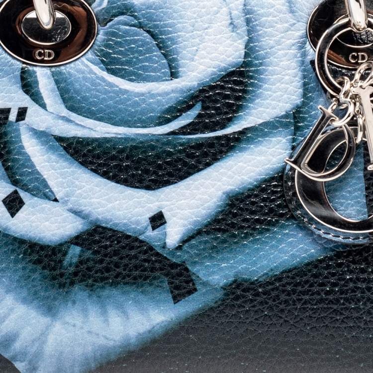 Pre Owned Dior Dark Blue Flower Print Leather Mini Lady Dior Tote
