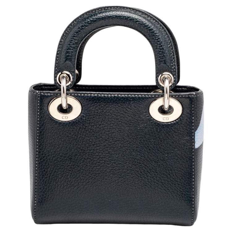 Pre Owned Dior Dark Blue Flower Print Leather Mini Lady Dior Tote