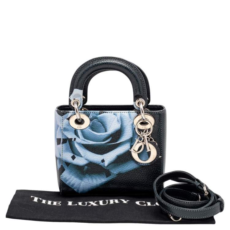 Pre Owned Dior Dark Blue Flower Print Leather Mini Lady Dior Tote