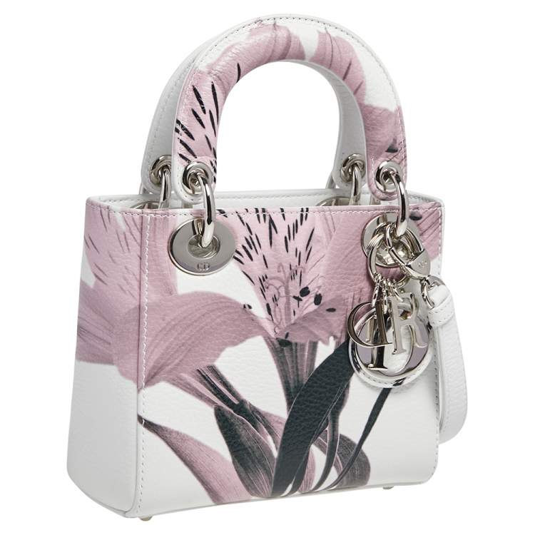 Pre Owned Dior White Floral Print Leather Mini Lady Dior Tote