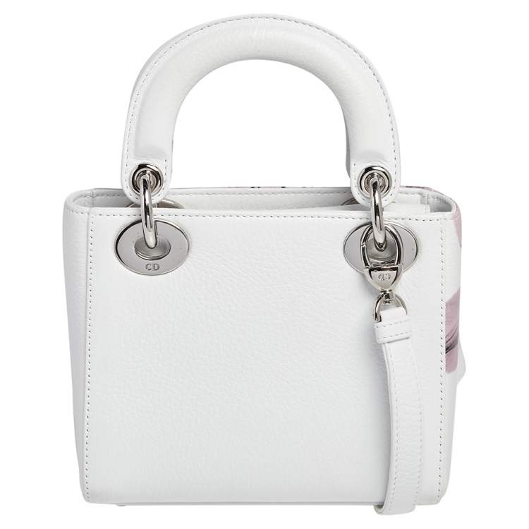 Pre Owned Dior White Floral Print Leather Mini Lady Dior Tote